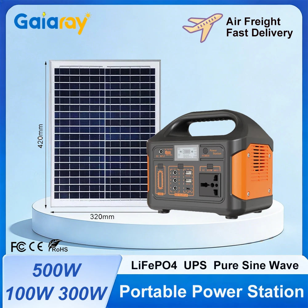 Gaiaray 100W 300W 500W Portable Power Station Pure Sine Wave Solar Generator 110V/220V UPS Camping Charging Station Power Bank