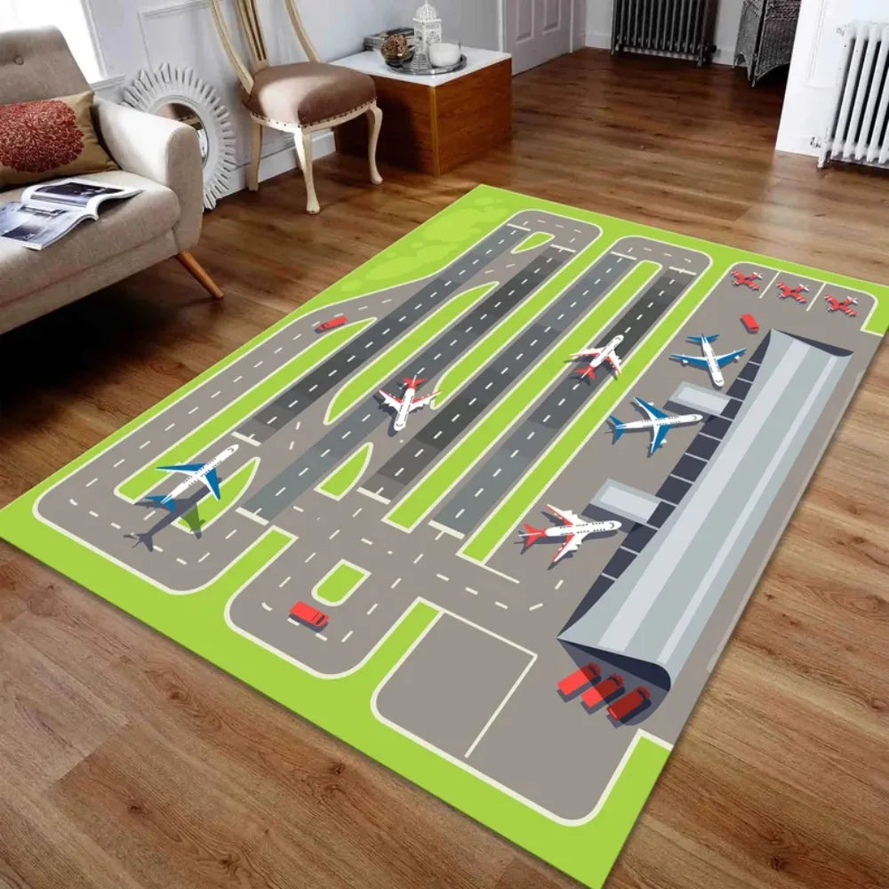 Airport Runway Carpet Mat Rug Aeroplane Theme Home Decoration Non-slip Educational Kids Activity Play Mat with Terminal Design