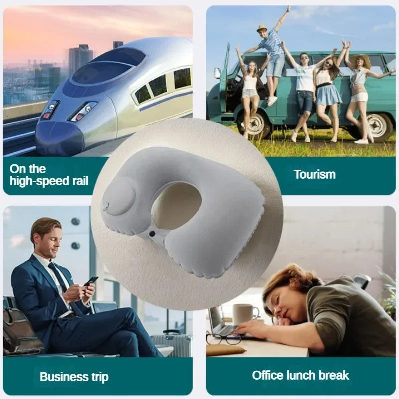 Car Portable Neck Protection U-shaped Compression Inflatable Pillow, Outdoor Nap, Camping, Travel Flocking PVC Airplane Pillow