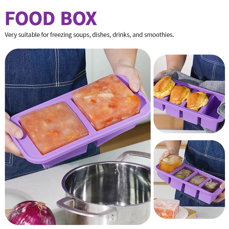 Silicone Freezing Mold Food Container with Lid Ice Cube Mold Storage Box Divided ice box for Soups Drinks Herbs juices