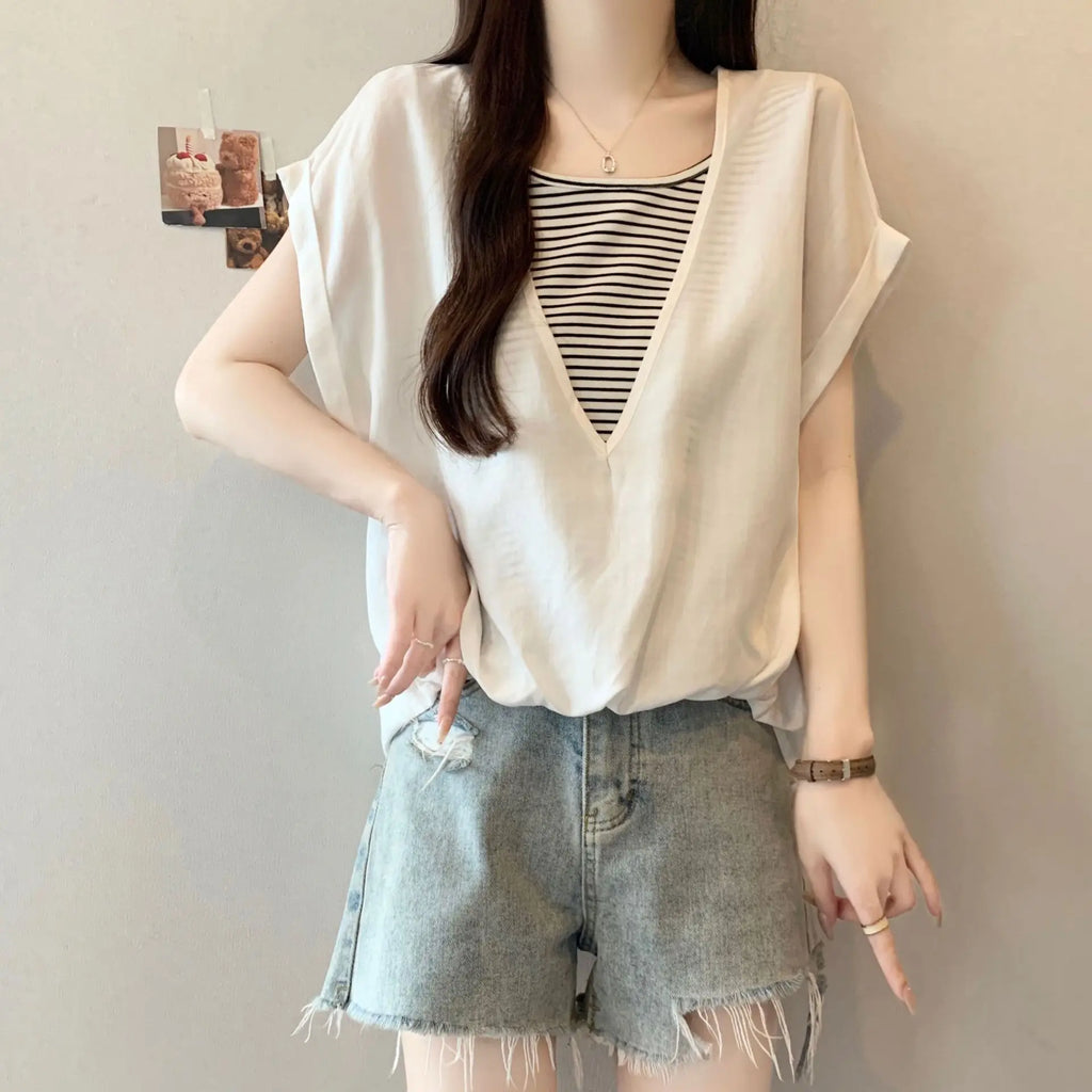 Summer Plus Size Women's Hot-selling Contrast Color Striped Loose Hiding Flesh Slimming Round Neck Short Sleeve T-shirt