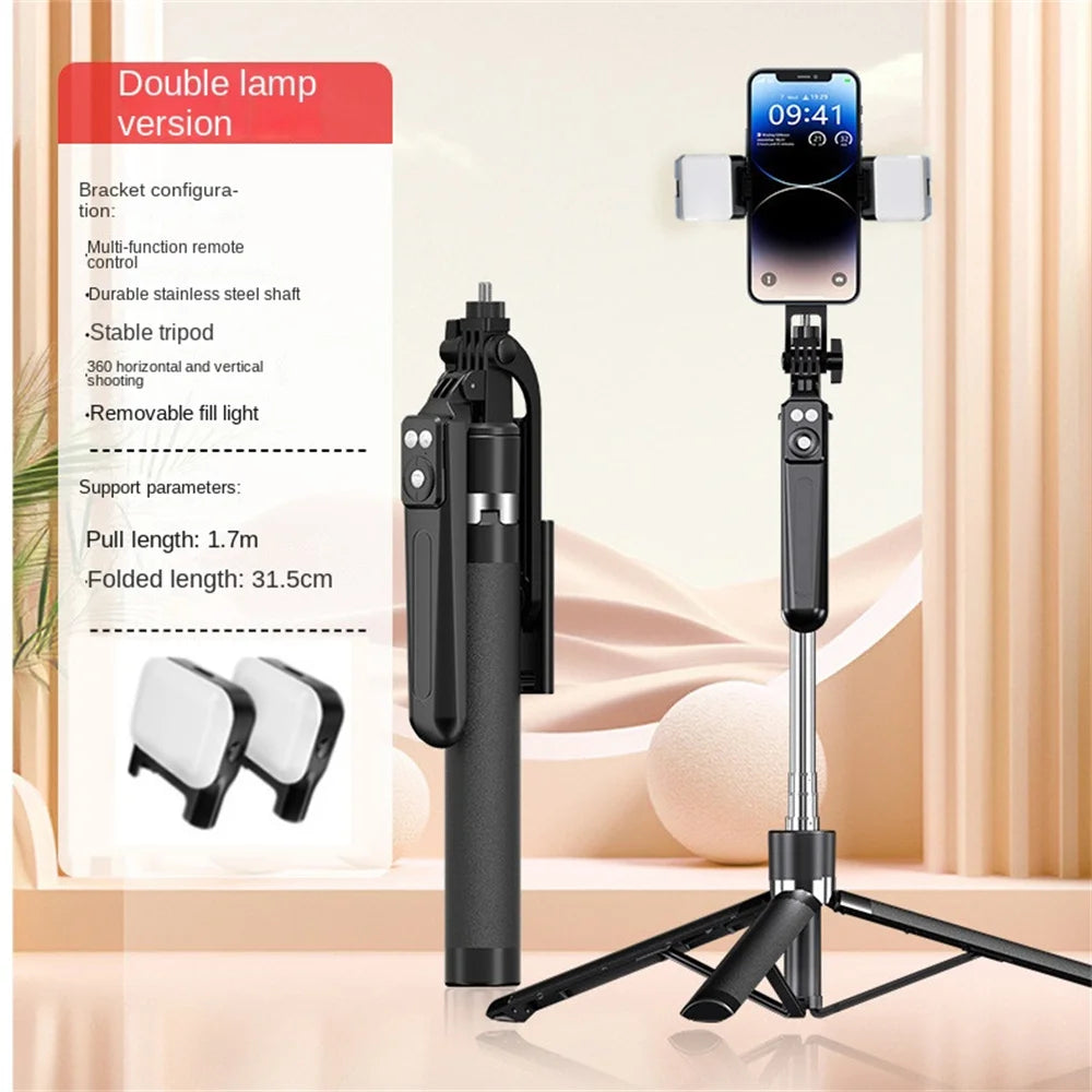 Roreta 360° Rotation 1.7M Selfie Stick Wireless Stand with Light Bluetooth Remote Extendable Tripod for iPhone Live Streaming