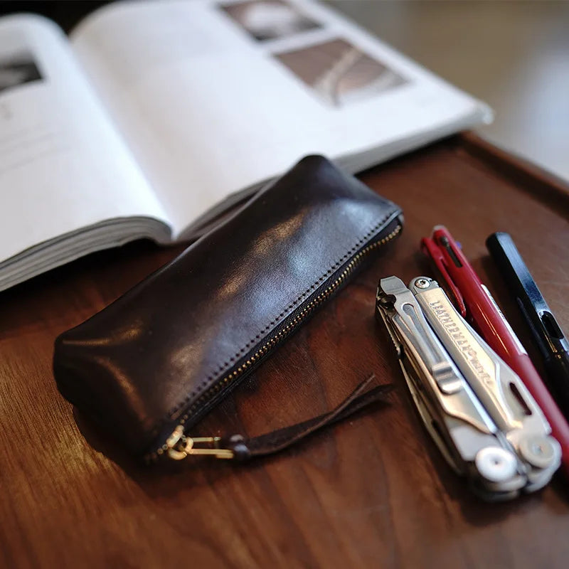 Simple leather pencil bag men and women large capacity high school students stationery bag makeup brush sub pen bag