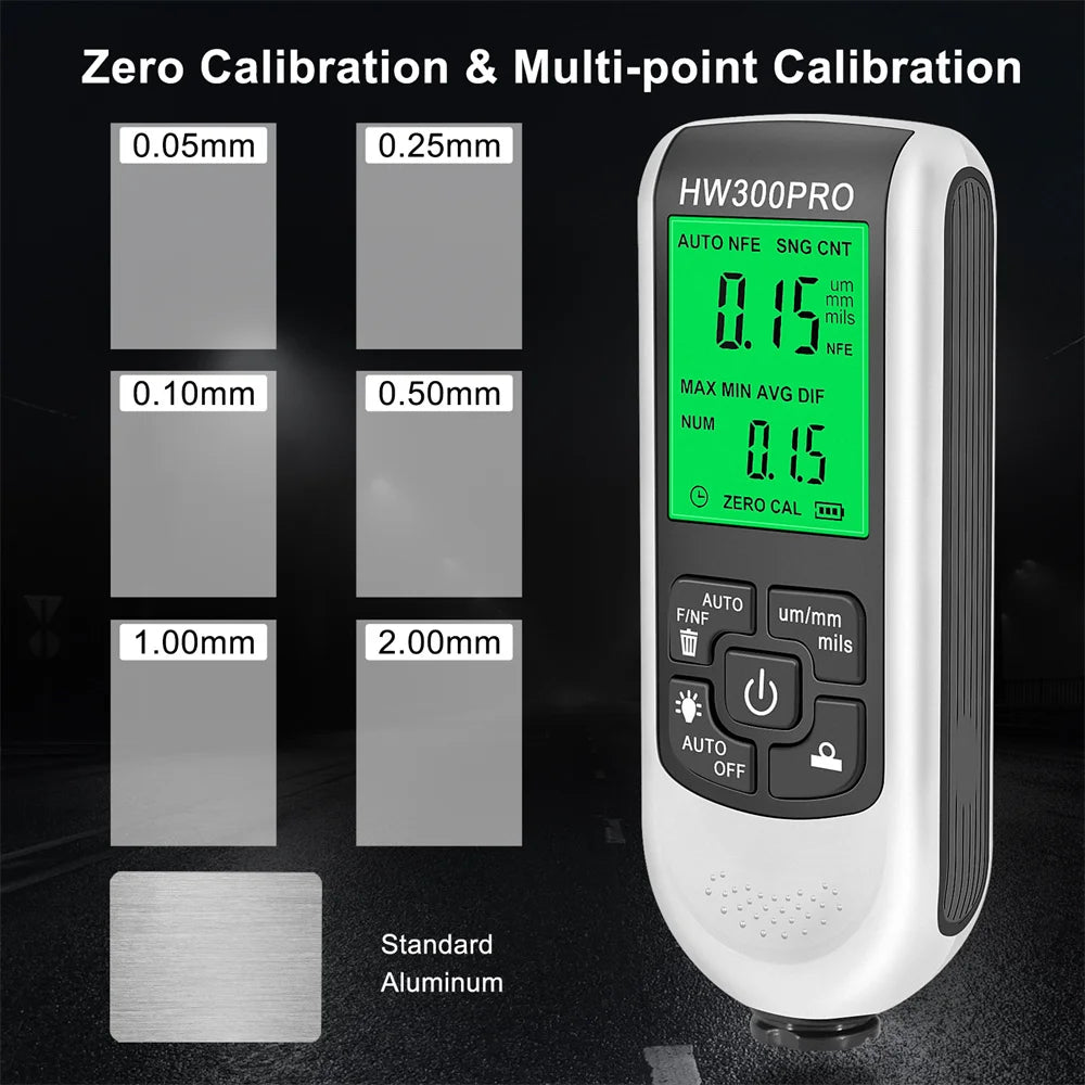HW300PRO Thickness Gauge for Cars Film Automatic Thickness Gauge 0-2000UM Fe NFE Coating Meter Automotive Paint Thickness Tester