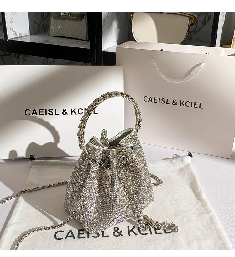 Luxury Designer Women's Handbag Rhinestones Diamonds Evening Clutch Bag Glitter Shiny Bucket Purse Wedding Party Crossbody Bag