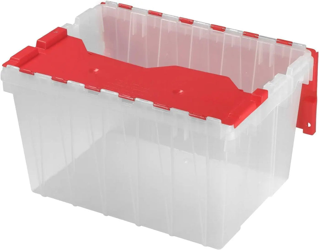 12 Gallon Storage Container, Nesting and Stackable Plastic Storage Box with Lid Attached, Clear Tote for Garages, Closets, and Moving, 21-1/2" x 15" x 12-1/2", Clear/Blue