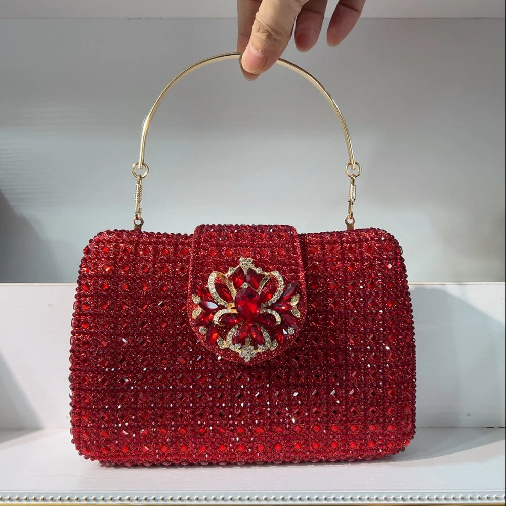 Luxury Sparkling Rhinestone Clutch Bag Crystal Evening Purse with Metal Handle Diamond Chain Handbag for Wedding Party Dinner