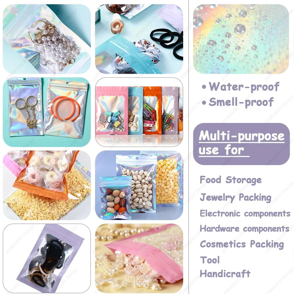400-1PCS Color Laser Sealing Bags Plastic Holographic Candy Food Pouch Resealable Necklace Jewelry Gift Packaging Storage Bag