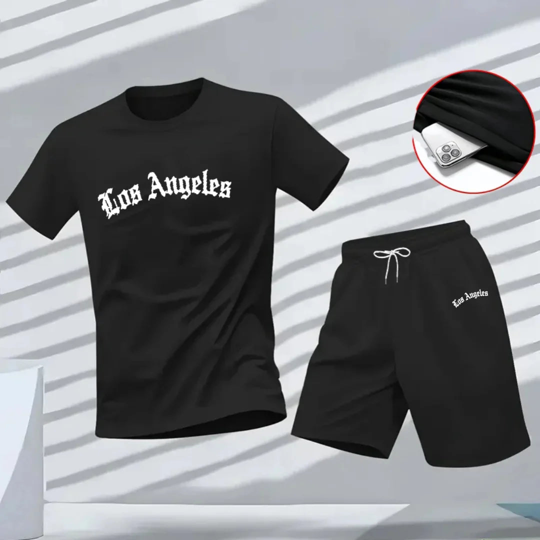 Men's Los Angeles Letter Print Tracksuit 2-Piece Set O-Neck Short Sleeve Shirt And Shorts plus Size Running Suit
