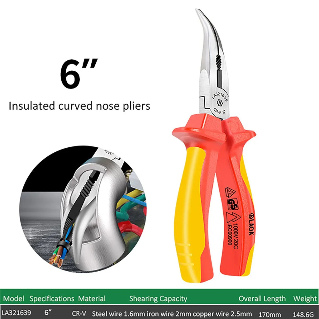 LAOA Curved Needle Nose Pliers Insulated 6/8Inch Stripping Clamping Multifunctional Household Electrician's Tools