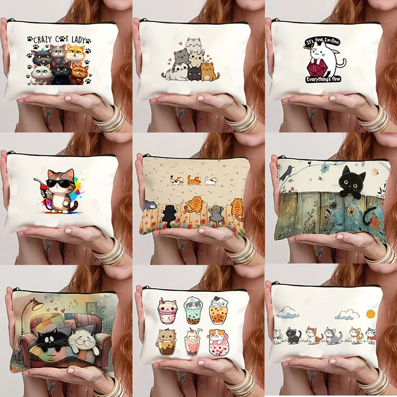 Multi Style Cat Printed Canvas Bag With Zipper Hand-Held Coin Purse Cosmetics Storage Fade-Resistant Cosmetic Bag Gift Friends