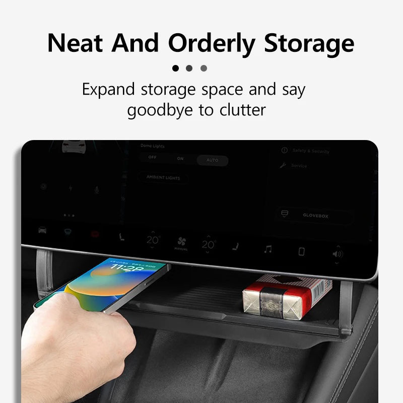 Under-Screen Storage Box For Tesla Model 3 Highland Hidden Fold Able Storage Box Car Storage Modification Parts Interior Design