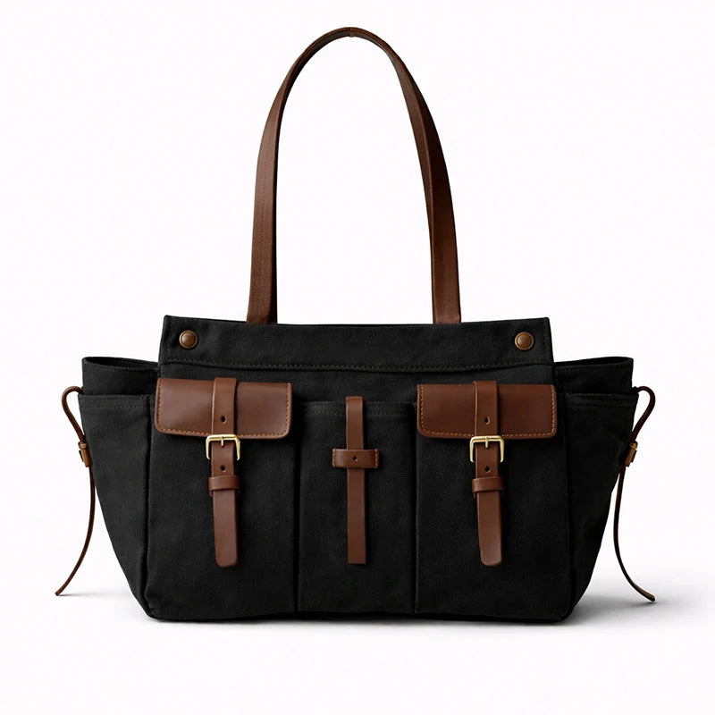 Luxury Canvas Leather Multi-Pocket Tote Bag,Women Zipper Closure Vintage Shoulder Bag,Motorcycle Biker Style Handbag,Lightweight