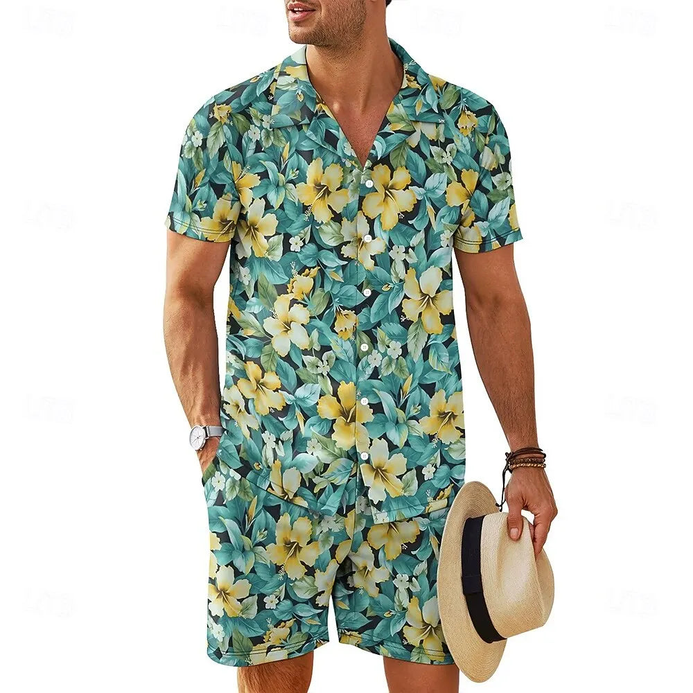 Men's Summer Shirts Set Fashion Plant 3D Print Short Sleeve Top +Shorts 2 Piece Hawaiian Beach Vacation Suit Casual Loose Outfit