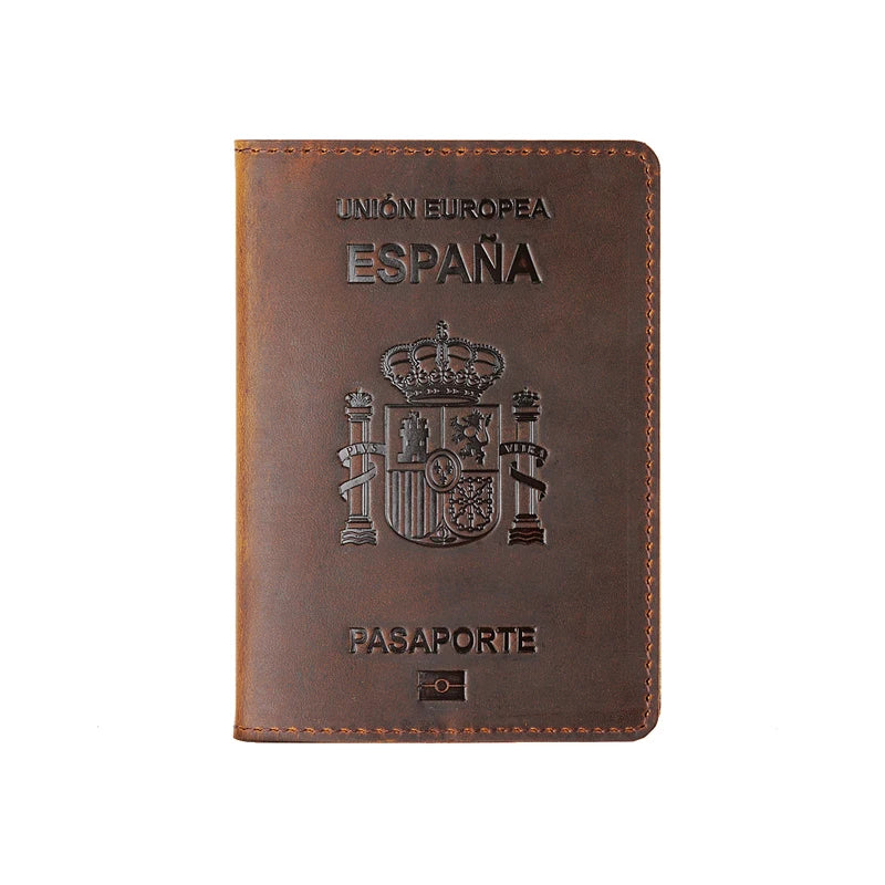 Spanish Passport Cover - Genuine Crazy Horse Leather, Durable Business Travel Wallet, Unisex RFID Blocking Funda Pasaporte