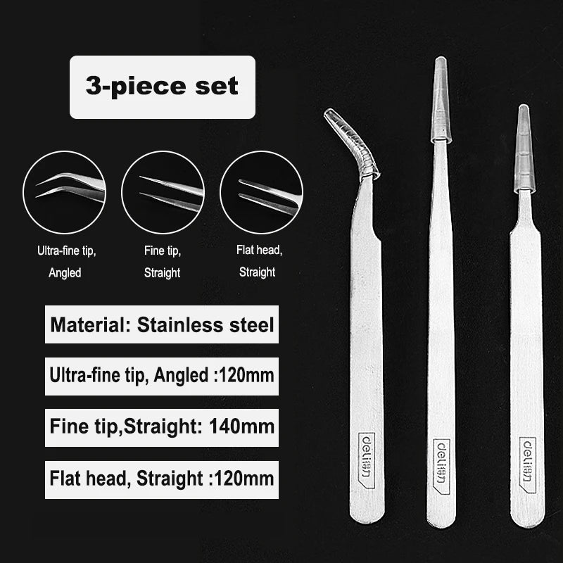 Deli 3 PCS Precision Tweezers Set ESD Anti Static Stainless Steel Tweezers Repair Tools for Electronics Repair Soldering Craft