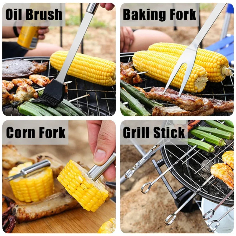 Portable BBQ Grill Tools Set Extra Thick Stainless Steel Fork, Spatula & Tongs - Injector - Complete BBQ Perfect Grill Gifts for