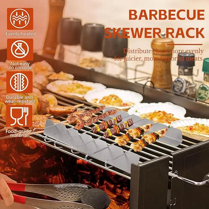 Skewer Holder Anti-slip Groove Stainless Steel Heavy Duty Long BBQ Tools Barbecue Grilling Shish Kabob Rack Outdoor Tools