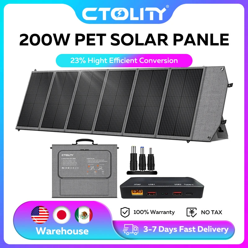 CTOLITY 200W Solar Panel 20.5V Portable Folding Bag 23% Efficiency Outdoor Power Supply USB DC Output Home Camping Soalr Power