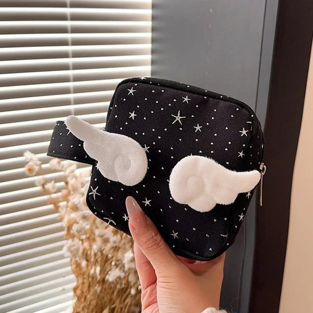 Angel Wing Silver Star Makeup Bag Large Capacity Travel Cosmetic Pouch Cute Sanitary Pad Organizer Lipsticks Wallet Girls Gift