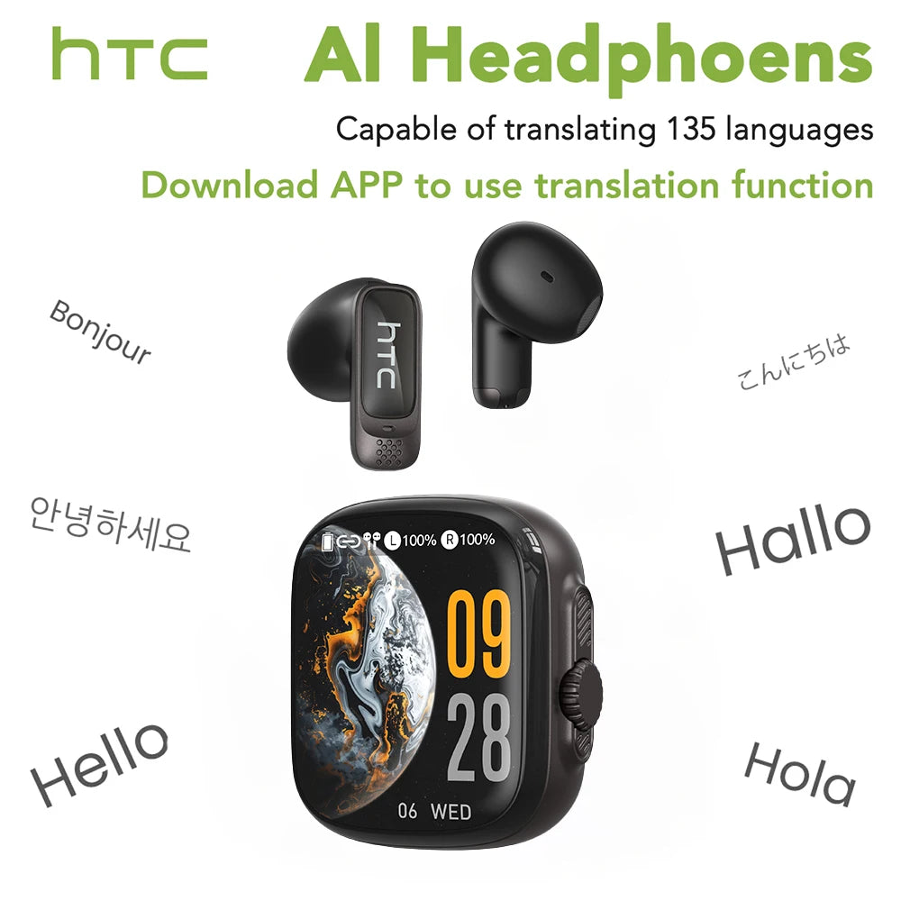HTC NE72 AI Translate Bluetooth Earphones Wireless Earbuds LED TouchScreen HiFi Stereo Audio Noise Cancellation In-Ear Headphone