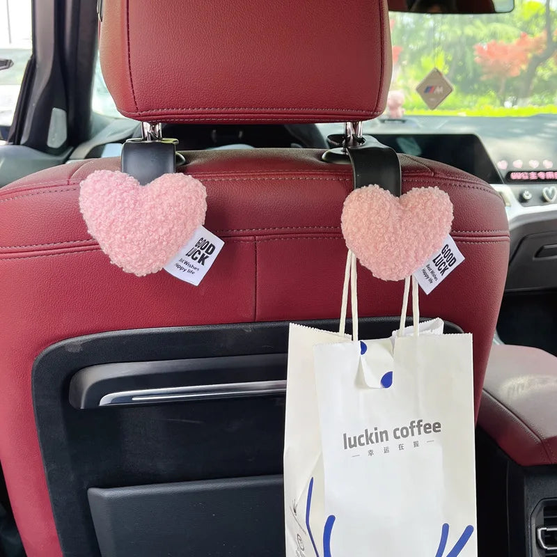 2Pcs Cute Seat Back Car Hook Love Heart Plush Universal Auto Headrest Clothes Handbag Hang Storage Organizers Hooks Holder
