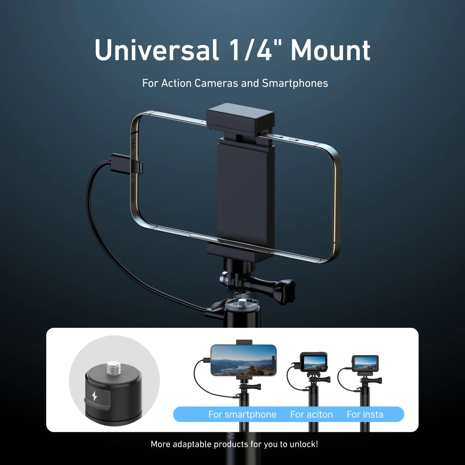 2025 TELESIN Selfie Stick 5000mAH Fast Charging Power 102CM Telescoping Selfie Pole with 1/4 Inch Screw For Insta360 and Phone