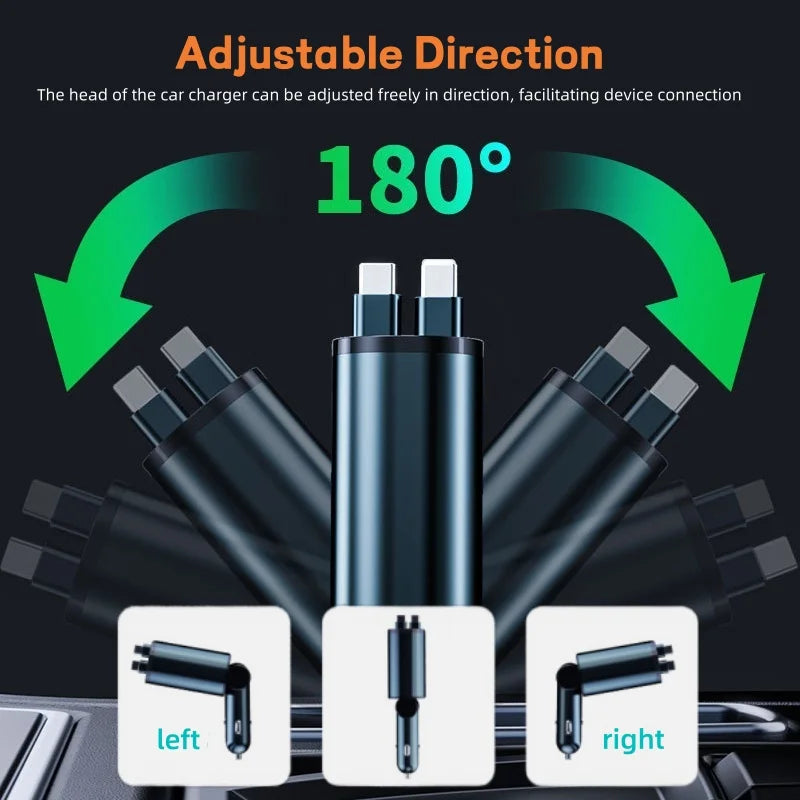 4 IN 1 Retractable Car Charger Dual USB Type-C PD Retractable Cable For  Samsung Fast Charging Cord Cigarette Lighter Adapter