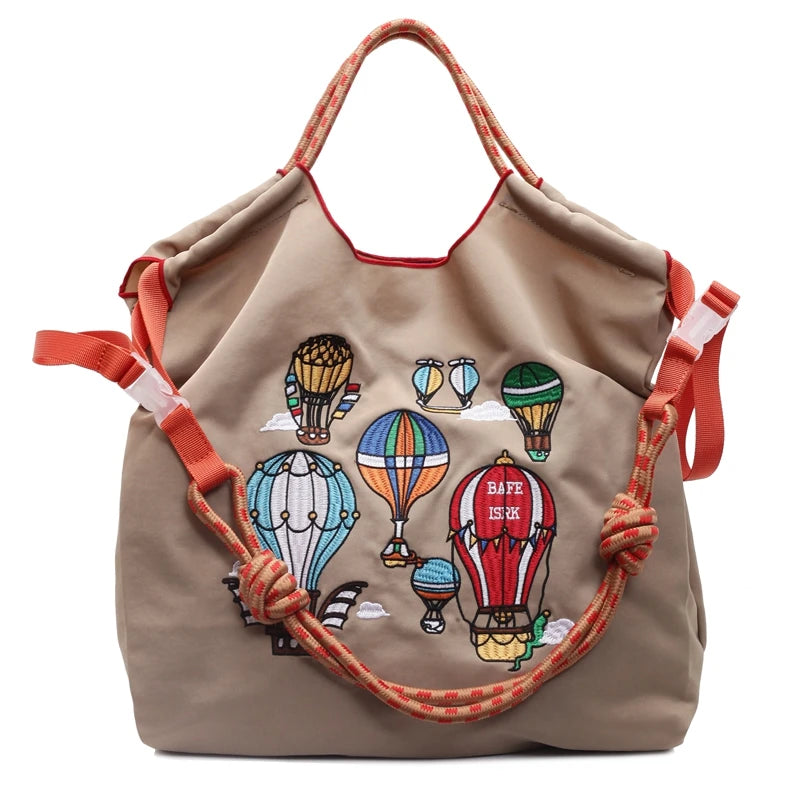 Fashion Embroidered Hot Air Balloon Pattern Large Capacity Lady Canvas Bag New Drawstring Shopping Handbag Thin Style Canvas Bag