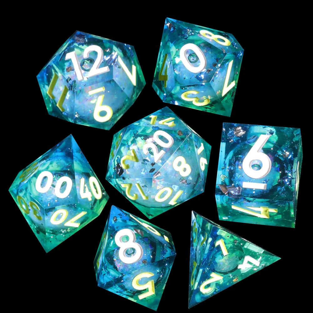 MINI PLANET Gold Sand Liquid Core Dice D&D Set Handmade Polyhedral Resin Dice With Sharp Edge For TRPG DND D6 D20 Dice Games