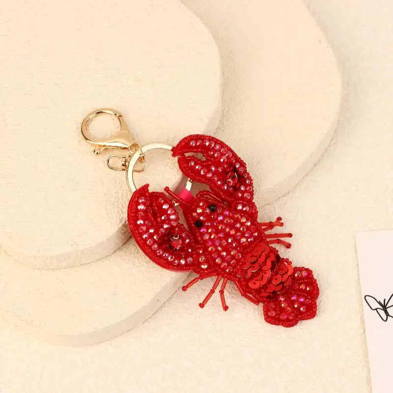 B*1Pc Rhinestone Lobster Beaded Pendant Pretty Hand Sewn Bag Charms Crab Shells Turtle Hanging Rope Patches Applique Bag Lanyard