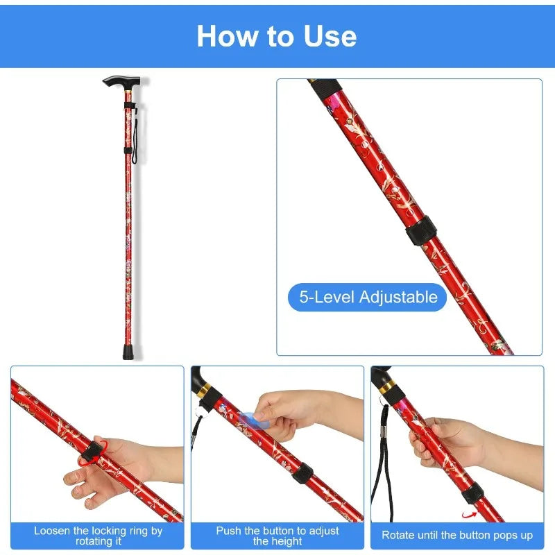 5Level Adjustable Foldable Flower-shaped Aluminum Alloy Walking Stick Portable Elderly Walking Stick Suitable for Outdoor Hiking