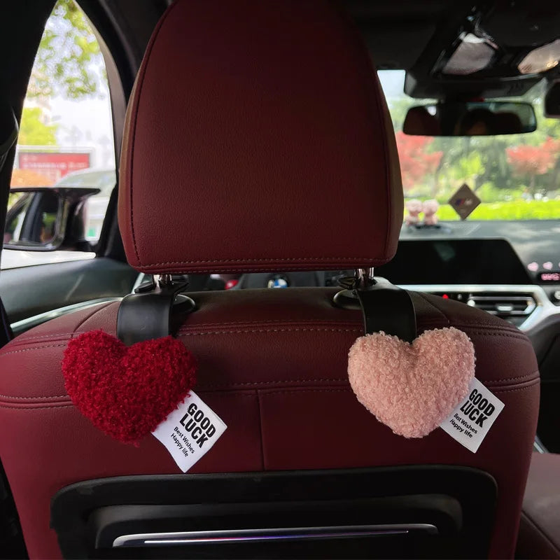 2Pcs Cute Seat Back Car Hook Love Heart Plush Universal Auto Headrest Clothes Handbag Hang Storage Organizers Hooks Holder