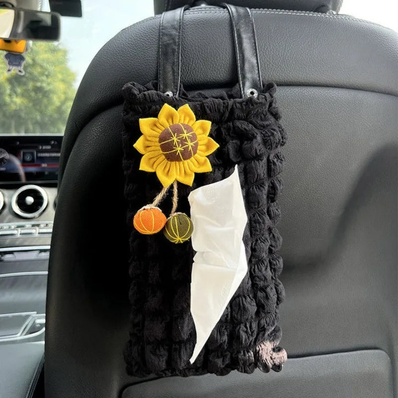 1PCS Cute 3D Flower Car Headrest Tissue Box, Seat Back Hanging Napkin Holder, Bubble Cloth Car Interior Vehicle Decor Accessory