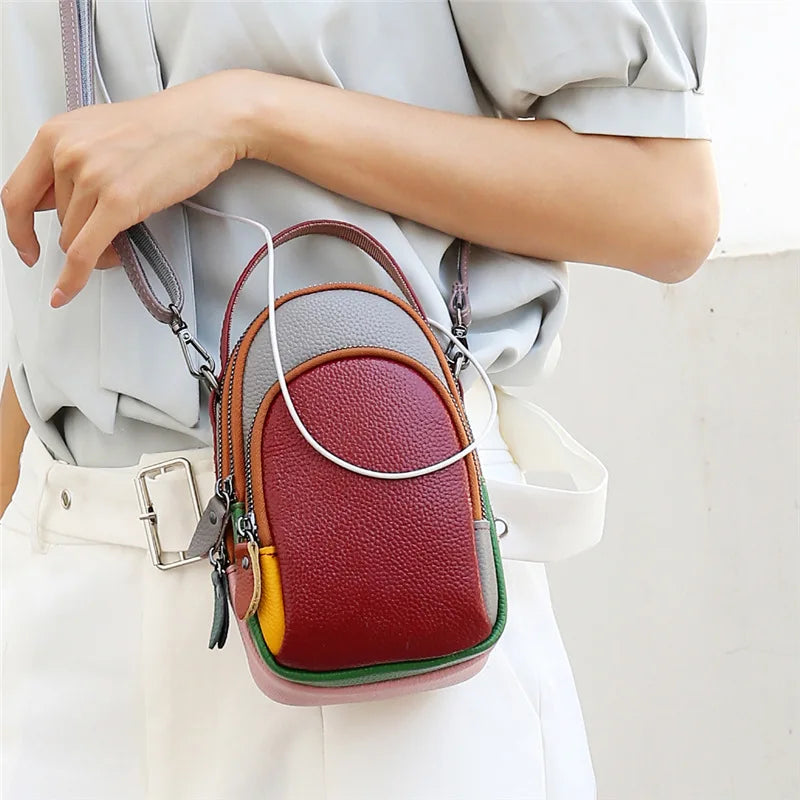 Leather mobile phone storage, hand-held crossbody bag with top layer cowhide color contrast, large capacity single-shoulder bag