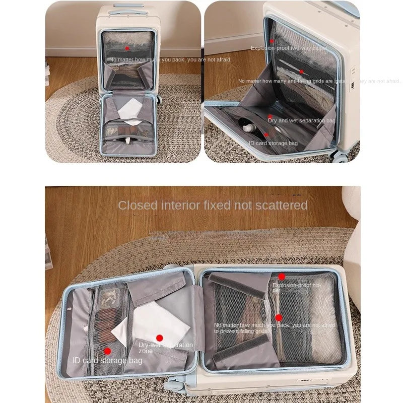 Front Opening Suitcase for Children can Sit 20/22 inch Ride on Luggage Sturdy Thickened PC Travel Suitcase with Cup Holder