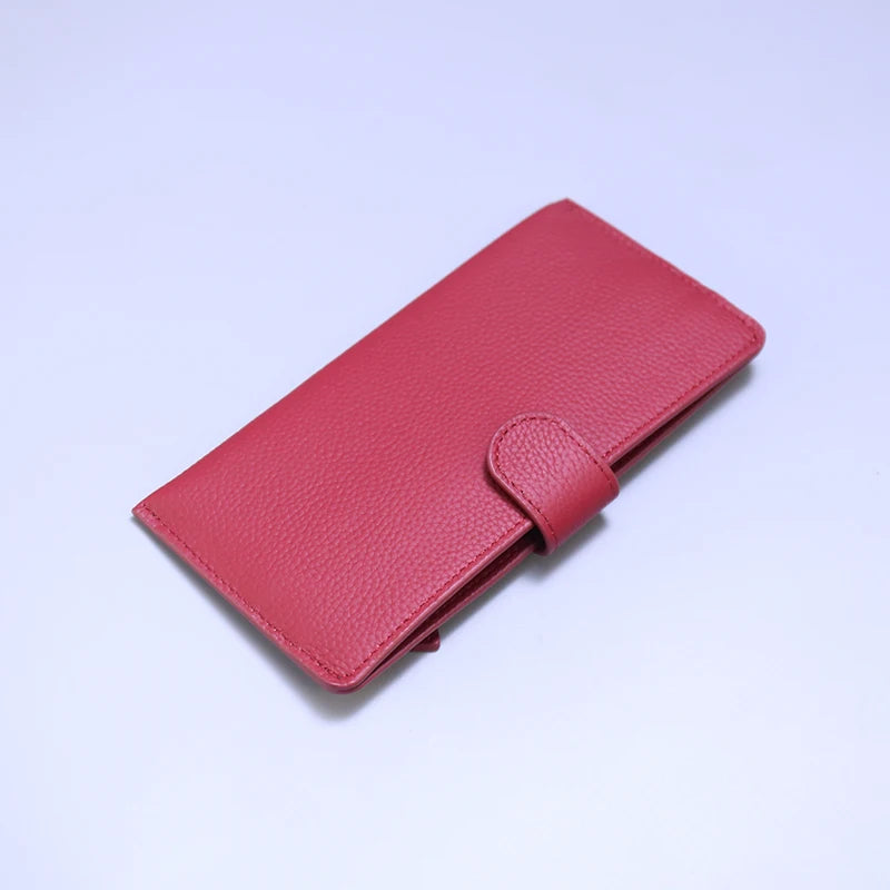 Genuine Leather Women Wallets Luxury Long Hasp Lychee Pattern Coin Purses Female Brand Solid Colors New Thin Clutch Phone Bag
