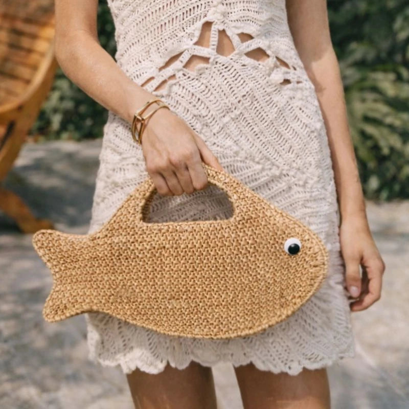 Raffia Straw Woven Bag,Fish Shaped Funny Cute Women Handbag,Spring Summer Boho Beach Vacation Evening Elegant Clutch Purse