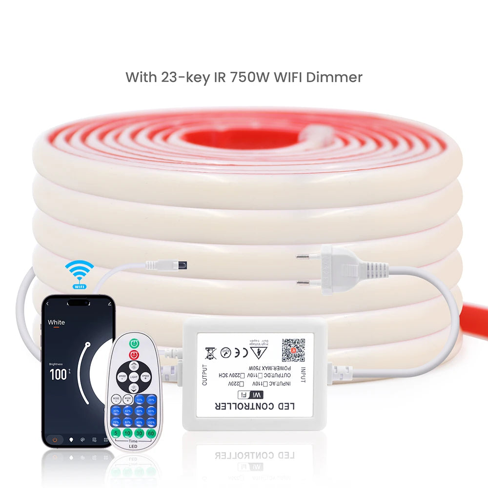 220V Bluetooth WIFI COB Neon LED Strip Light With Adhesive Tape 23key Remote Control Power Kit 288LED Waterproof Flexible Ribbon