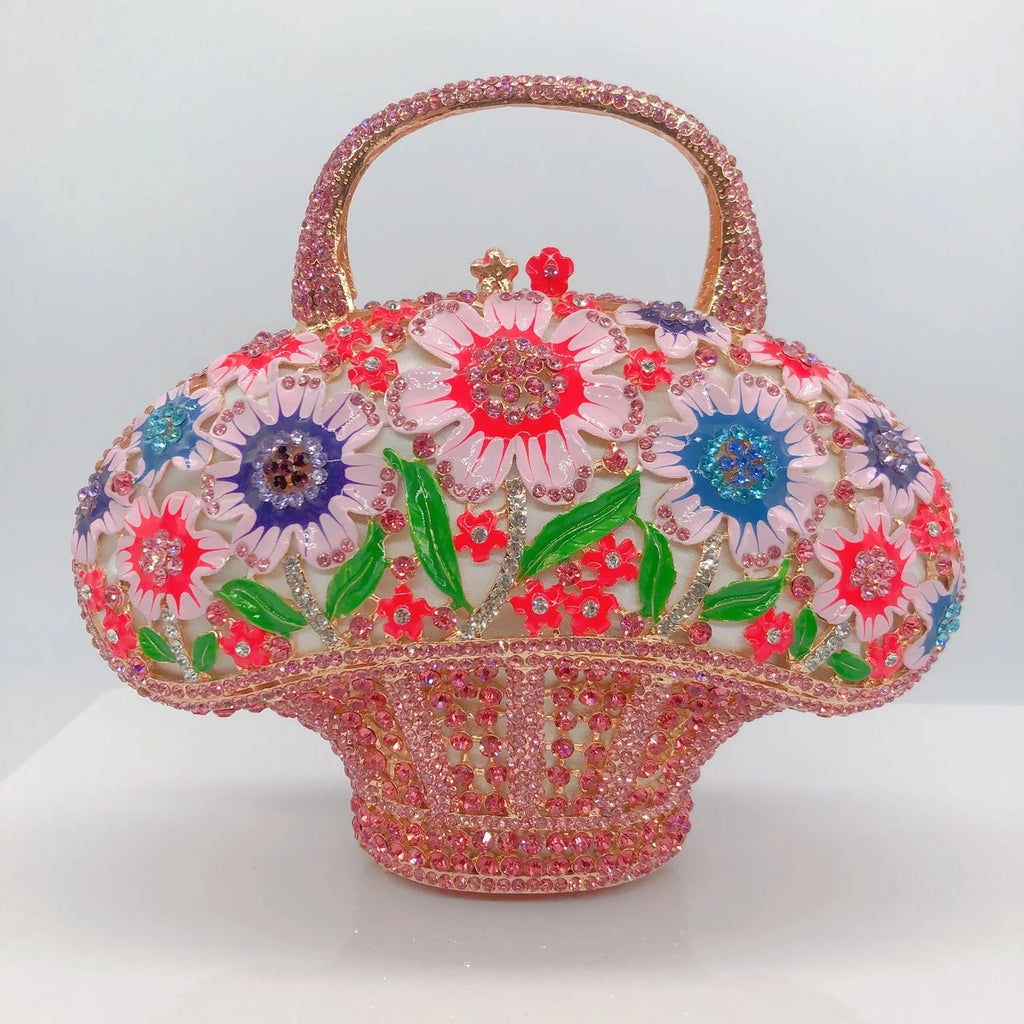 WHTUOHENG Women's Rhinestone Embellished Flower Leaves Basket Clutch Bag Luxury Diamond Evening Purse Crystal Bridal Handbag