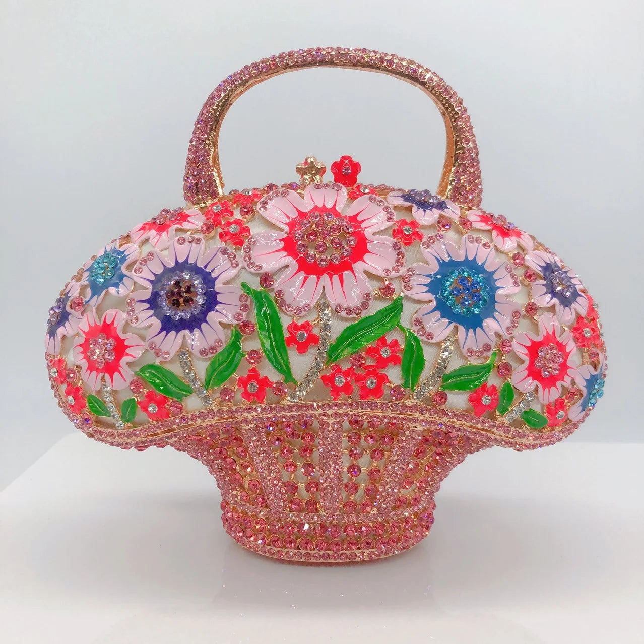 WHTUOHENG Women's Rhinestone Embellished Flower Leaves Basket Clutch Bag Luxury Diamond Evening Purse Crystal Bridal Handbag