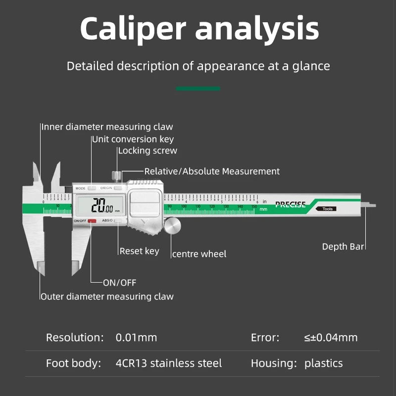 ET54 150mm 0.01mm Electronic Digital Caliper Stainless Steel Vernier Caliper Inch mm Fraction Display Micrometer Digital Ruler