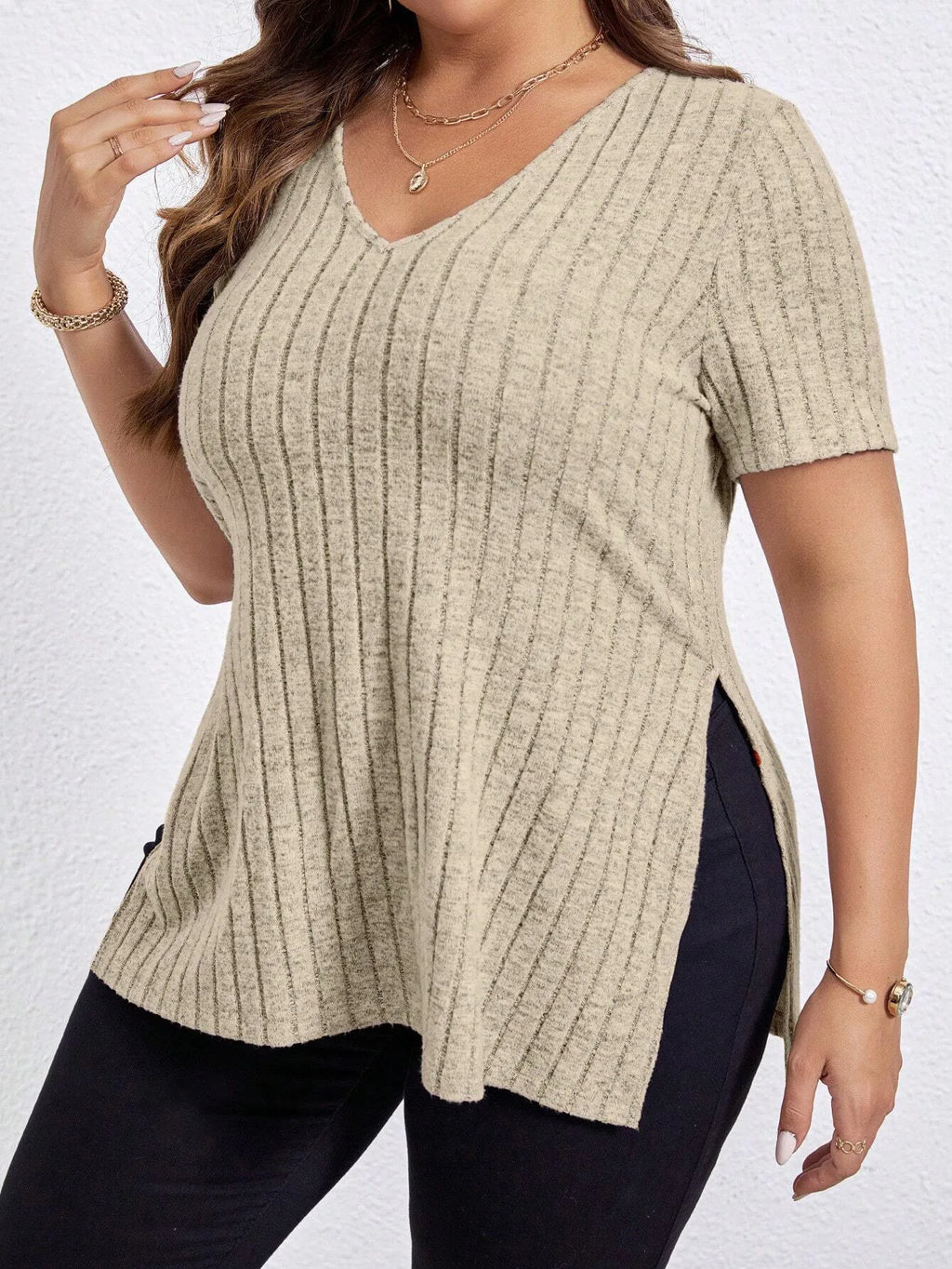 Women'S 1XL-5XL Plus Size T Shirt Summer Solid Color Large Women's Tops V-Neck Pit Striped Short Sleeve Split Loose Black Shirts