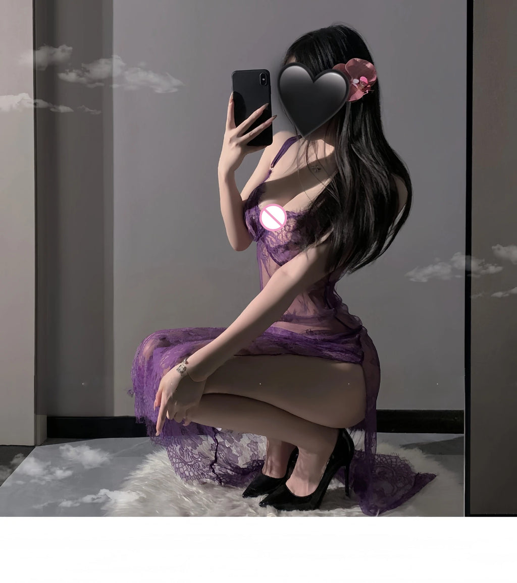 Purple Sexy Women Sheer Lace Slip Lingerie Set High Split Long Dress Cosplay Uniform Sleepwear Suitable for Small Bust Ladies