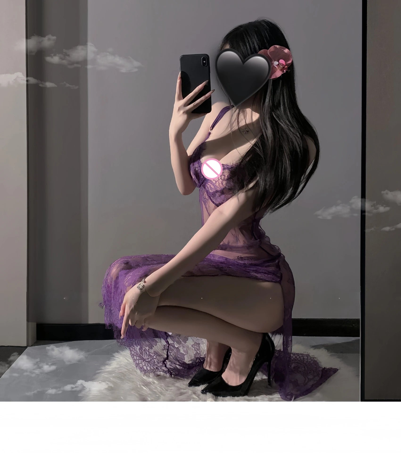 Purple Sexy Women Sheer Lace Slip Lingerie Set High Split Long Dress Cosplay Uniform Sleepwear Suitable for Small Bust Ladies