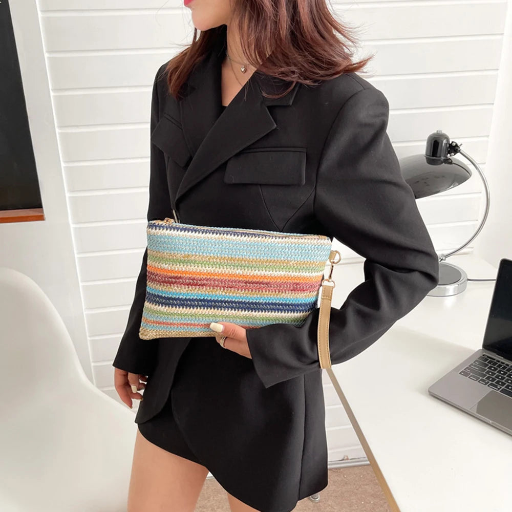 Vintage Hand Woven Clutch Bag Colourful Money Beach Long Bag Handmade Casual Portable Elegant Exquisite for Weekend Vacation
