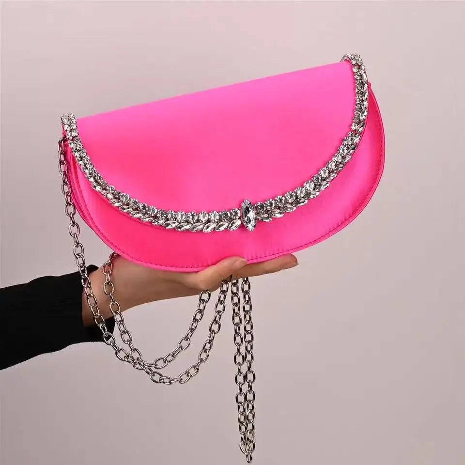 Luxury Satin Moon Bag Glitter Rhinestones Diamond Evening Bag Fashion Women Handbag Wedding Party Clutch Purse Shoulder Bag
