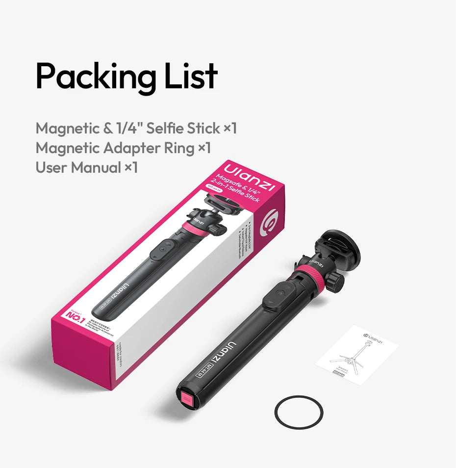 Ulanzi MT-44 M Selfie Stick Ground Tripod 1/4''&Magnetic Selfie Stick for Smartphone Camera One-Touch Auto Deploy for Travel