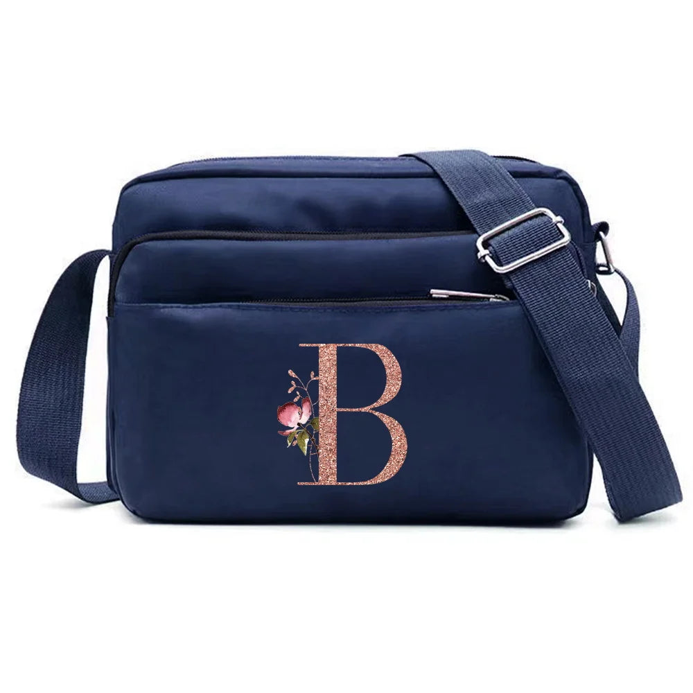 Large Capacity Travel and Commuting Storage Blue Bag Rose Gold Series Print Pattern Multi-layer One Shoulder Crossbody Bag