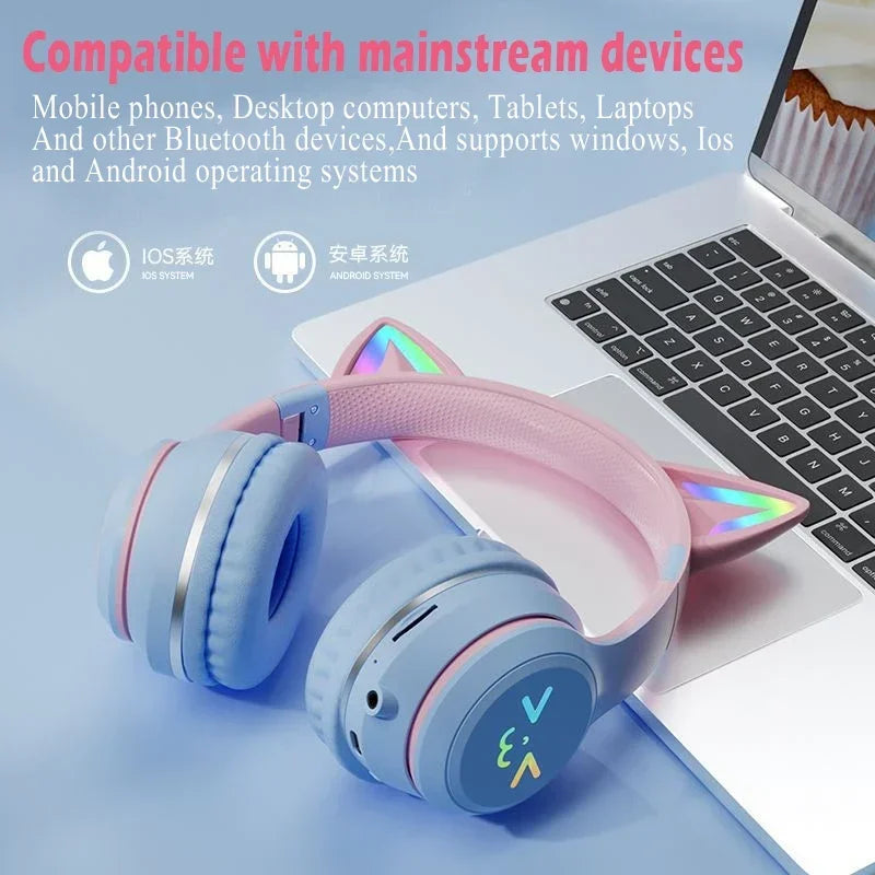 Pink Cat Ears TWS Earphone RGB Smile Face Gradient Headset Cute Gift For Little Girls Compatible With Any Smartphone